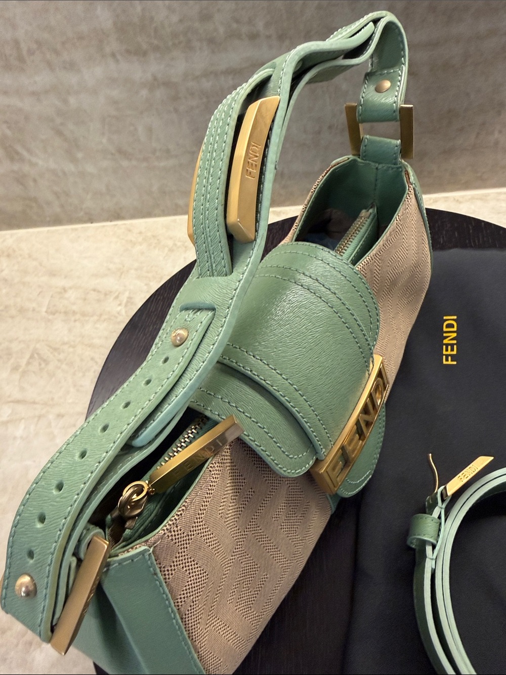 Fendi Zucca Mint Green and Beige Canvas Leather Baguette Shoulder Bag with Belt - Picture 5 of 9